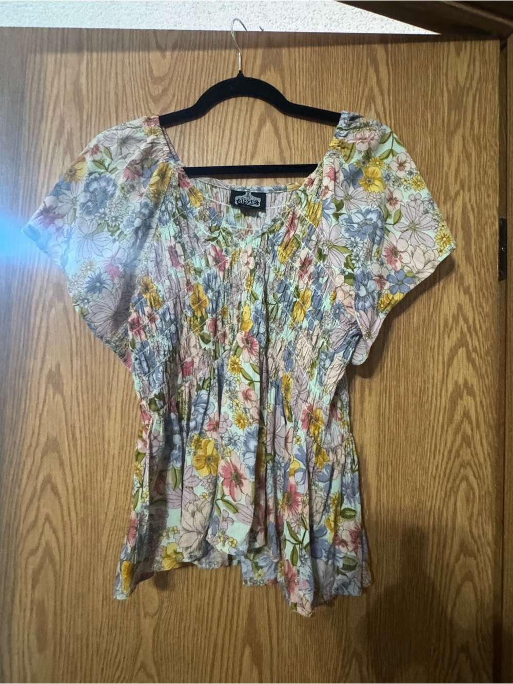 Angie Size L Floral Smocked Short Sleeve Top - Multicolor